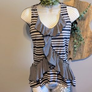 Belle Du Jour Blue and Gray Striped Ruffle Top